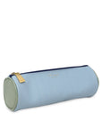 cylindrical blue and white striped pouch with gold zipper on a white background
