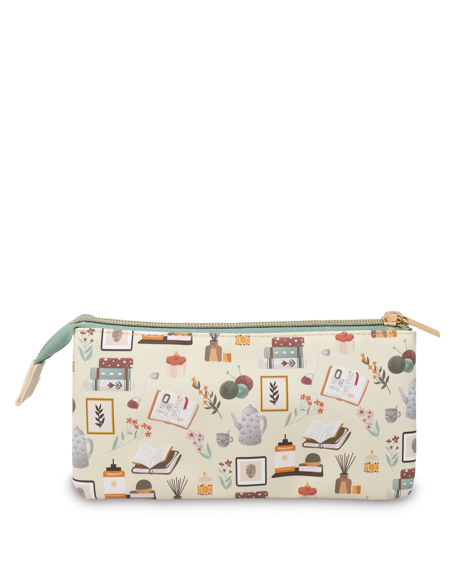 Pencil case with a pattern of books and plants on a beige background