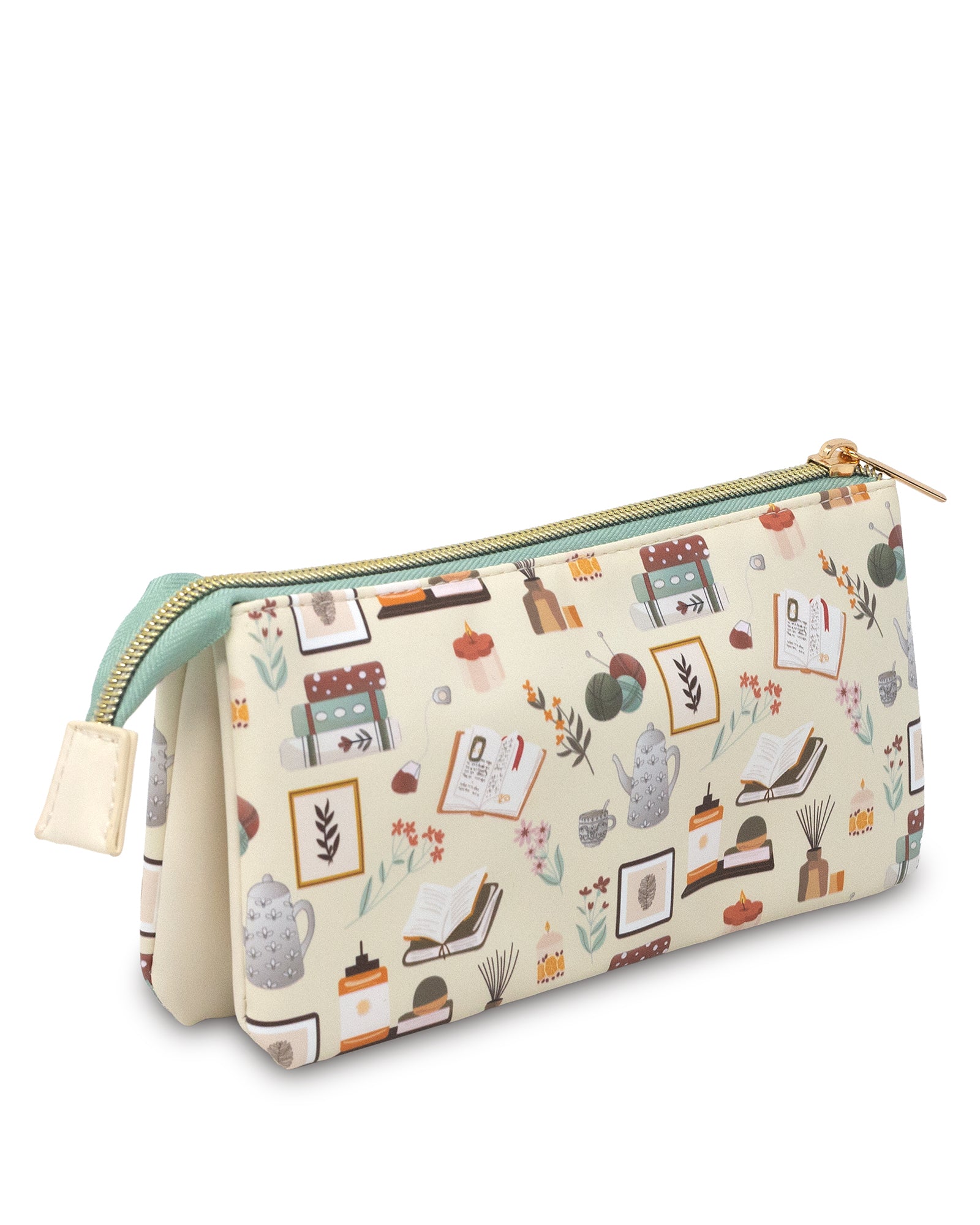 Pouch with a pattern of books and stationery items on a white background