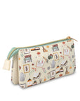 Pouch with a pattern of books and stationery items on a white background