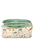 Cosmetic bag with a patterned design on a white background