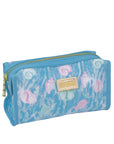 Blue pouch with shell pattern and gold zipper on a white background