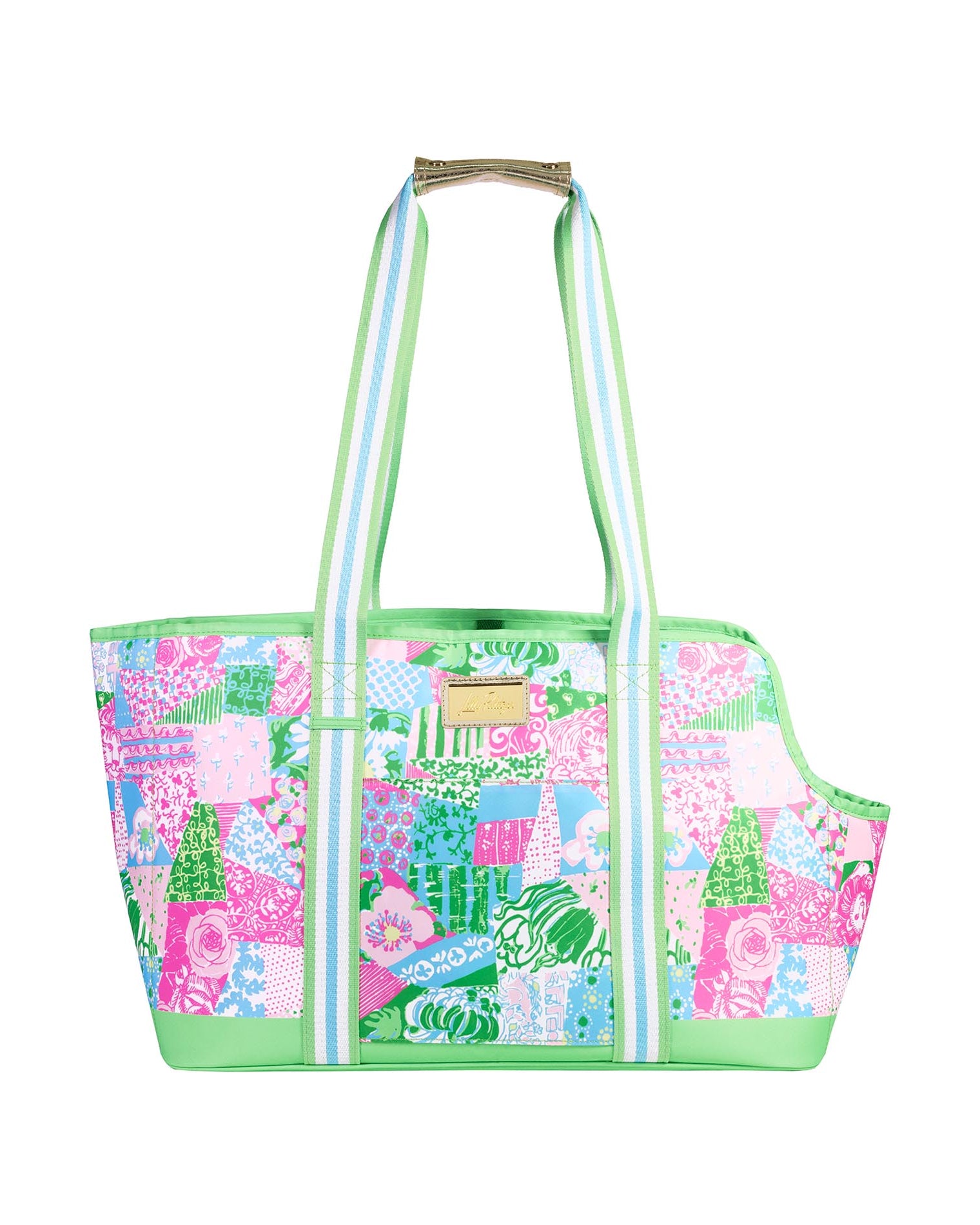 Colorful pet carrier with floral pattern on a white background