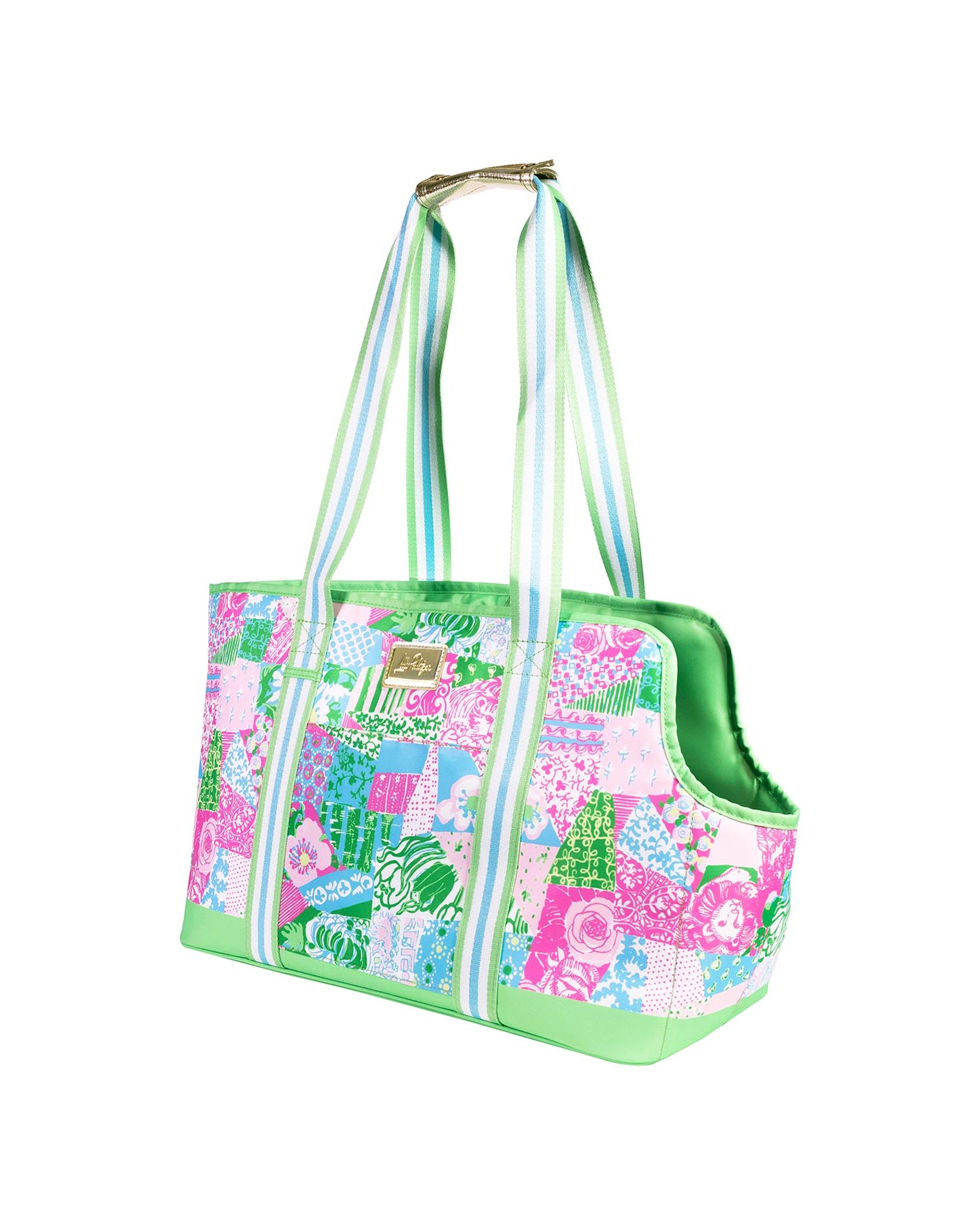 Side view of colorful pet carrier with floral pattern on a white background