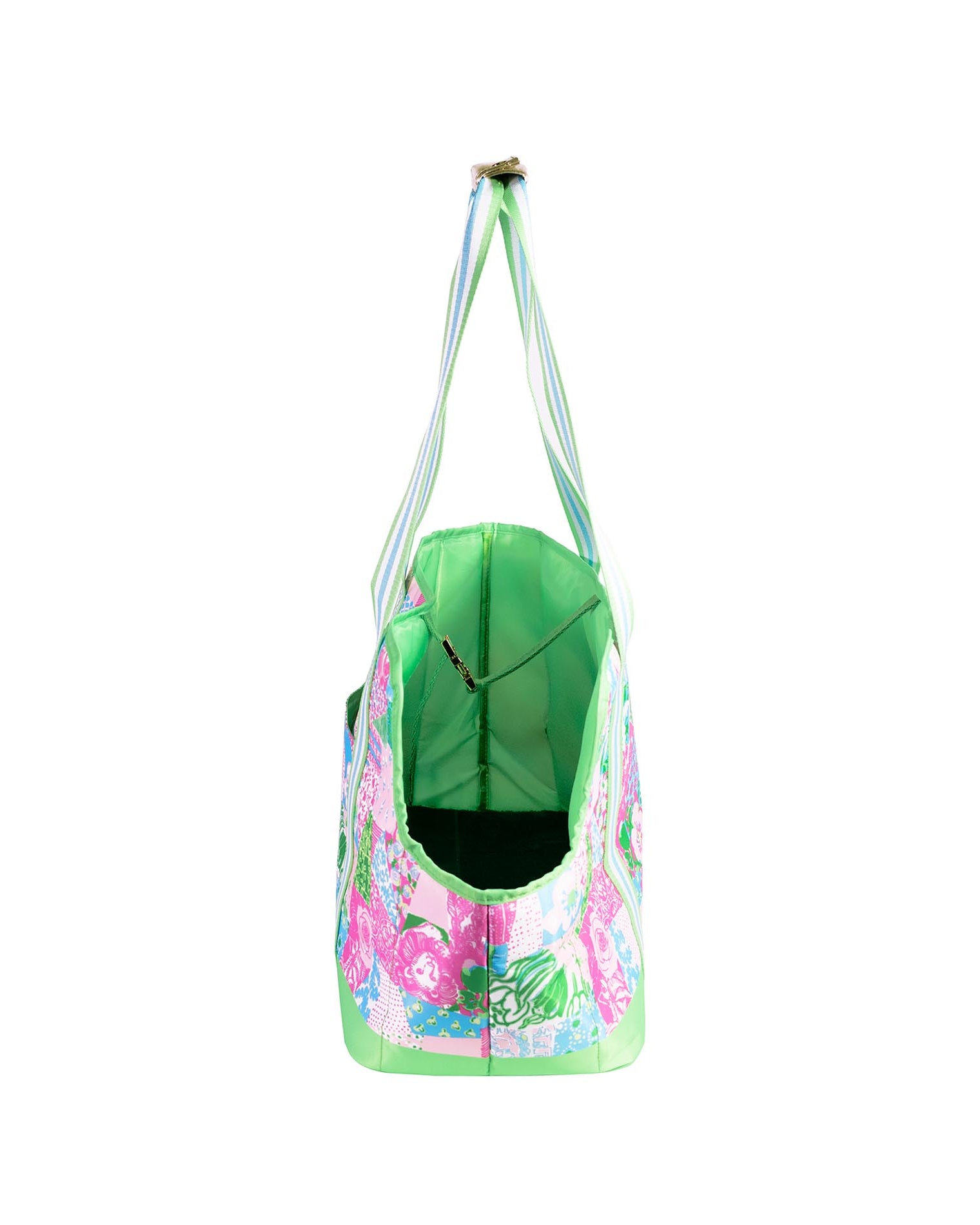 Floral-patterned pet carrier with a green interior on a white background