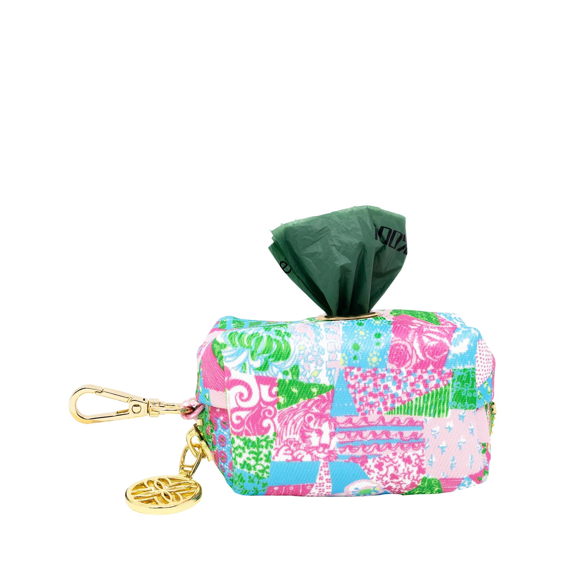 Colorful pouch with a keychain and pet waste bag on a white background