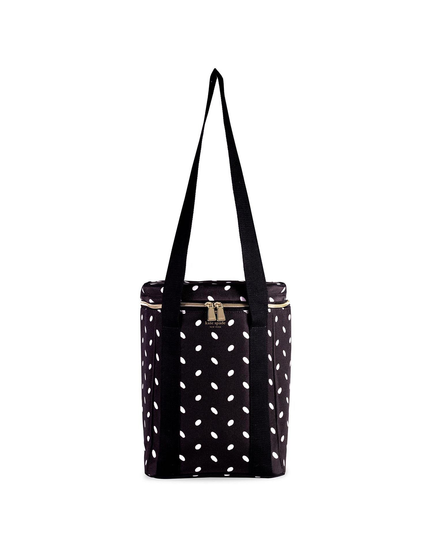 Black tote bag with white polka dots on a white background