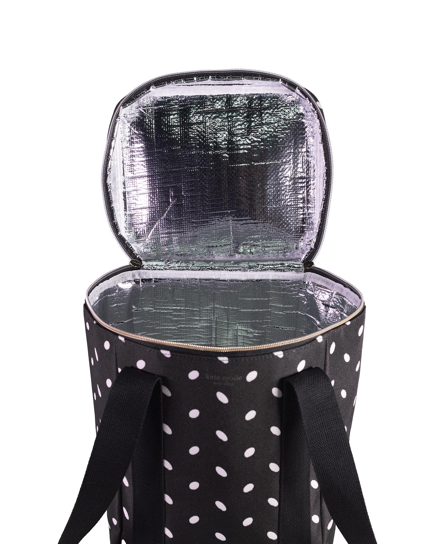 Black and white polka dot insulated cooler bag with open lid on a white background