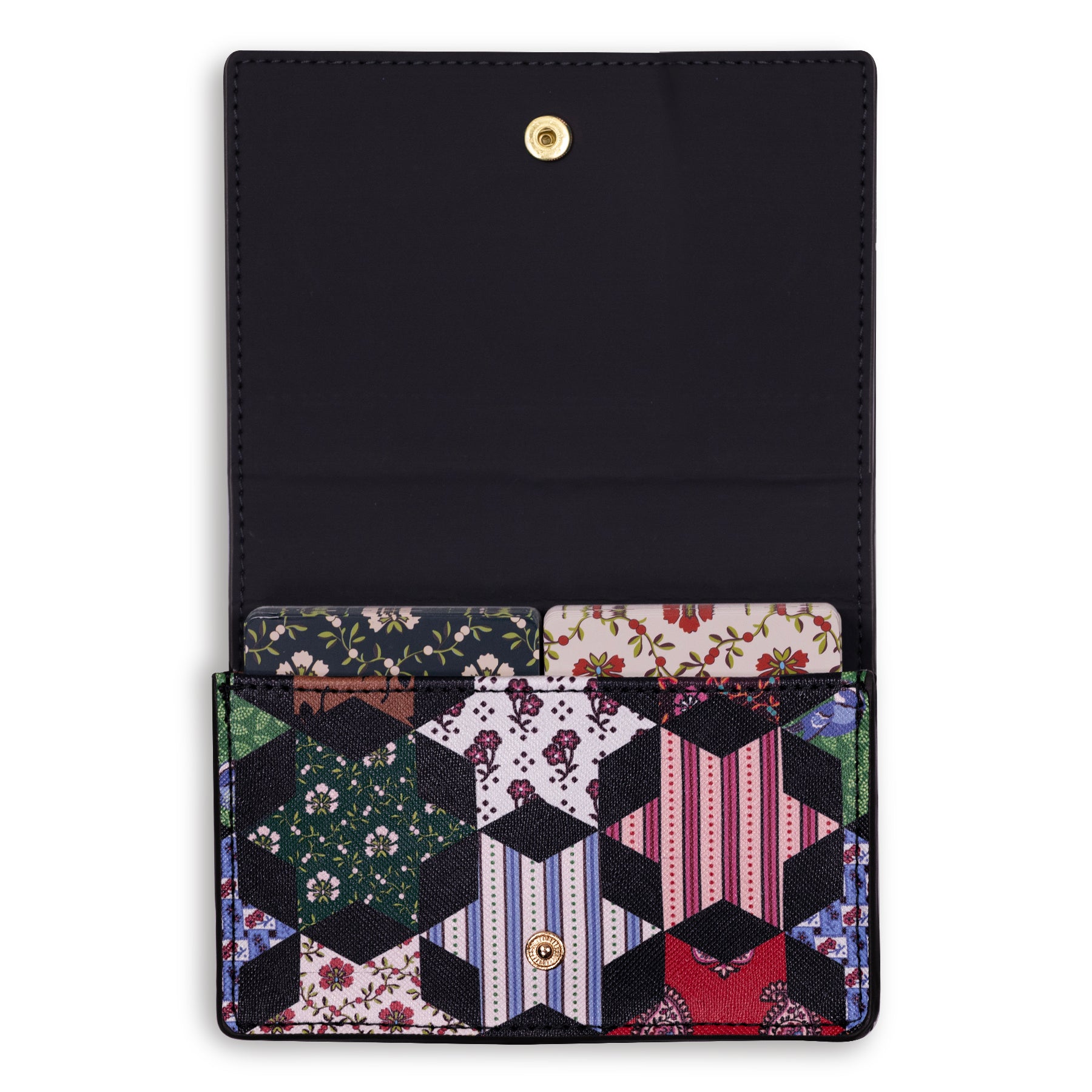 Multicolored geometric patterned cardholder with black border on a white background