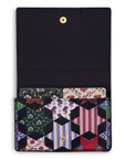 Multicolored geometric patterned cardholder with black border on a white background