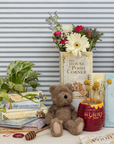 Teddy bear, books, and flowers on a striped wall background