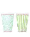 Two patterned cups with pink accents on a white background