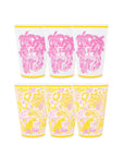 Set of six cups with pink and yellow designs on a white background