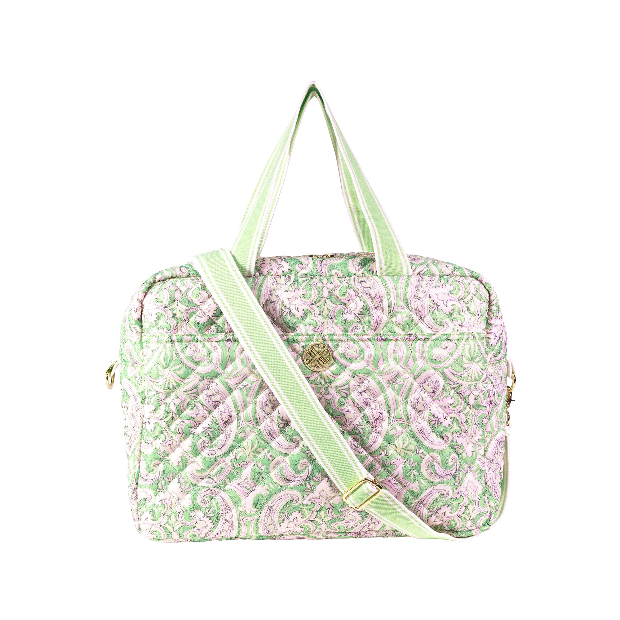 A quilted travel bag featuring a light green and pink paisley pattern, with matching green and white striped handles and a green adjustable shoulder strap, shown on a plain white background.