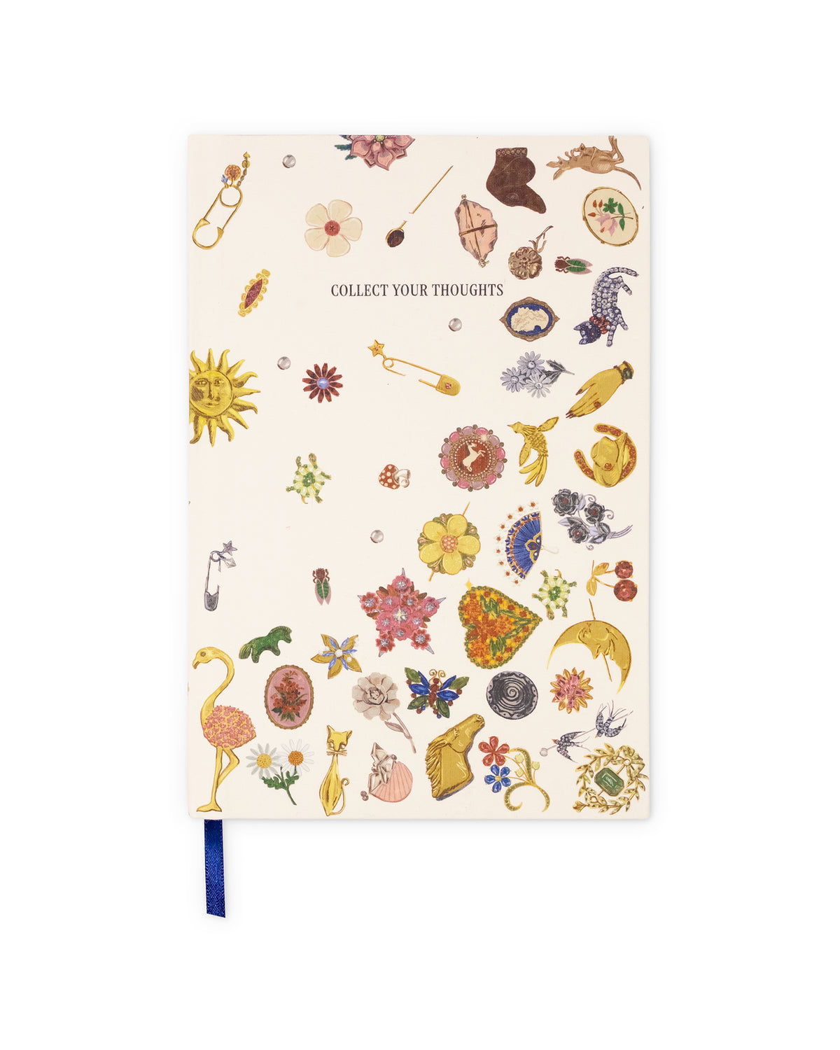 A notebook with a cream-colored cover decorated with various whimsical illustrations such as a sun, flamingo, flowers, and tools, featuring the text 'COLLECT YOUR THOUGHTS' and a blue ribbon bookmark.