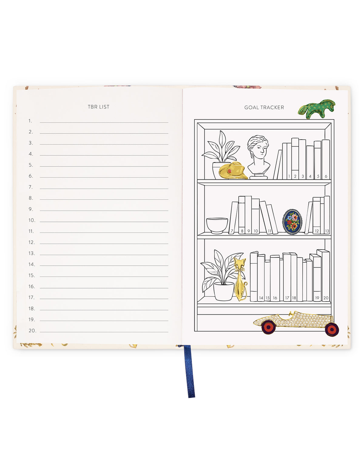An open hardcover journal showing two illustrated interior pages: a lined 'TBR List' page on the left and a 'Goal Tracker' page on the right with black-and-white bookshelf drawings and small colored accents. A blue ribbon bookmark hangs from the bottom center.