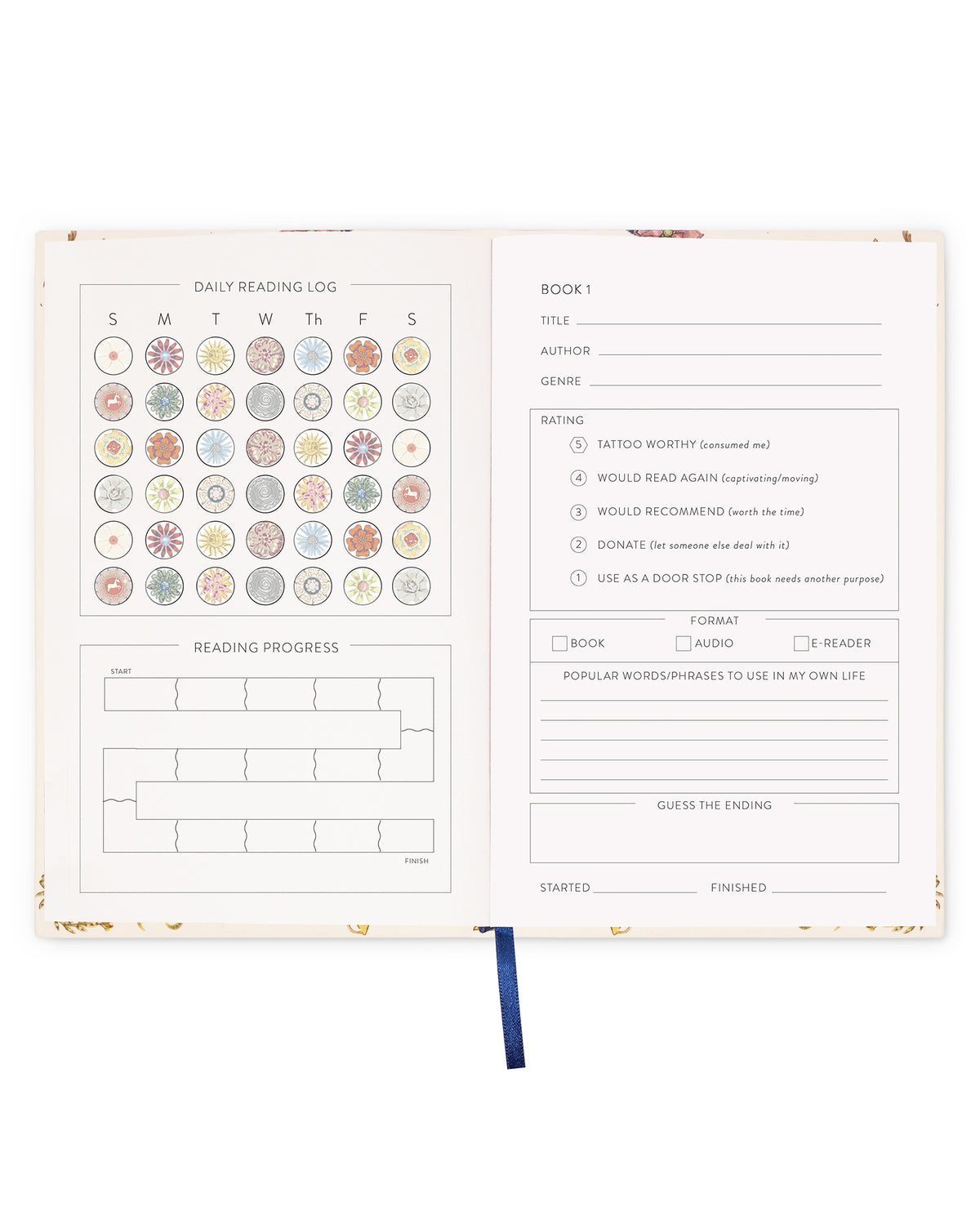 An open daily reading log notebook with printed fields for title, author, genre, reading status, progress bars, and a decorative circle chart, shown on a white background with a blue ribbon bookmark.