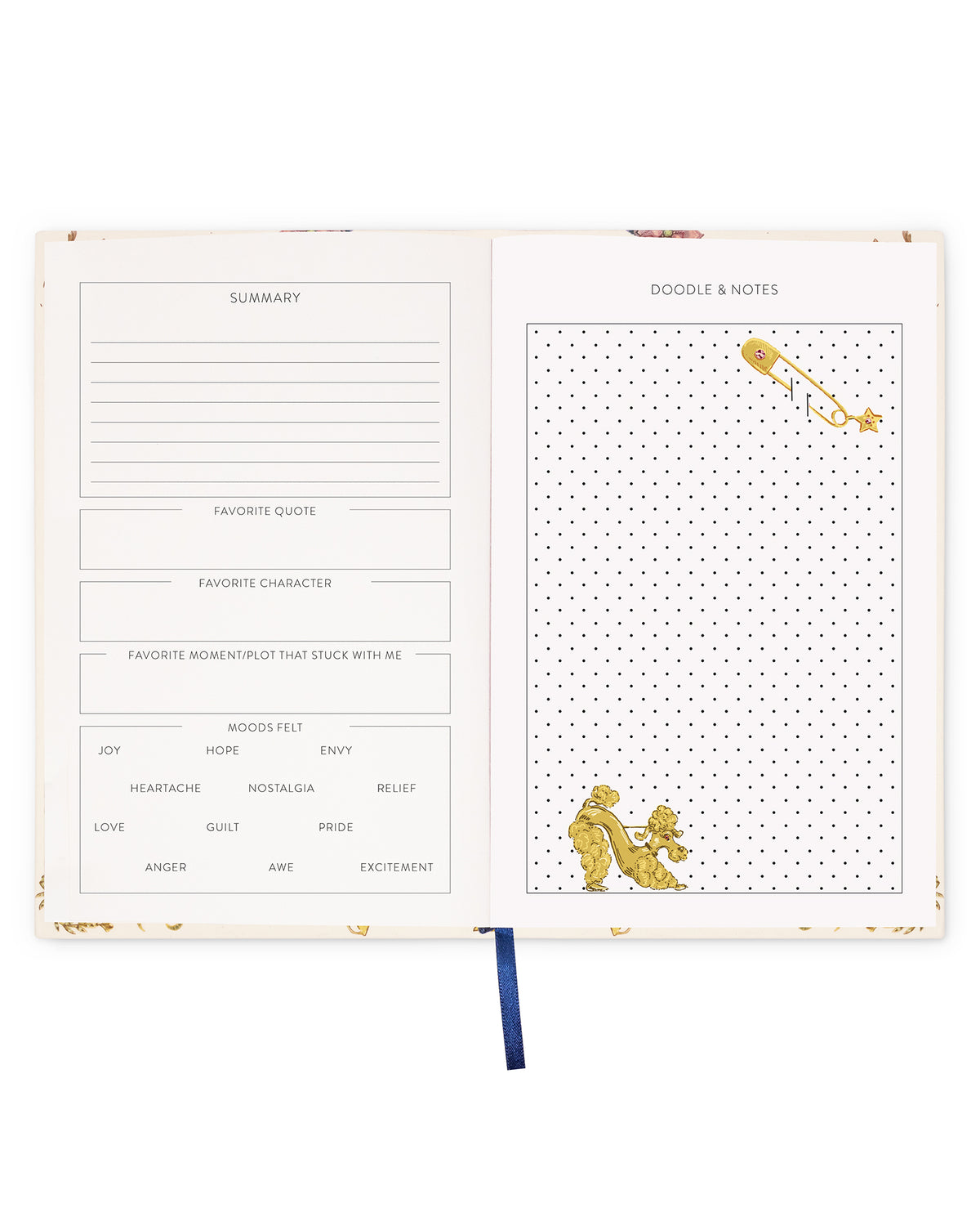 An open notebook or journal with two interior pages shown against a white background. The left page has lined writing sections labeled Summary, Favorite Quote, Favorite Character, Favorite Moment, and a mood grid with options like joy, sorrow, anger, love, and pride.