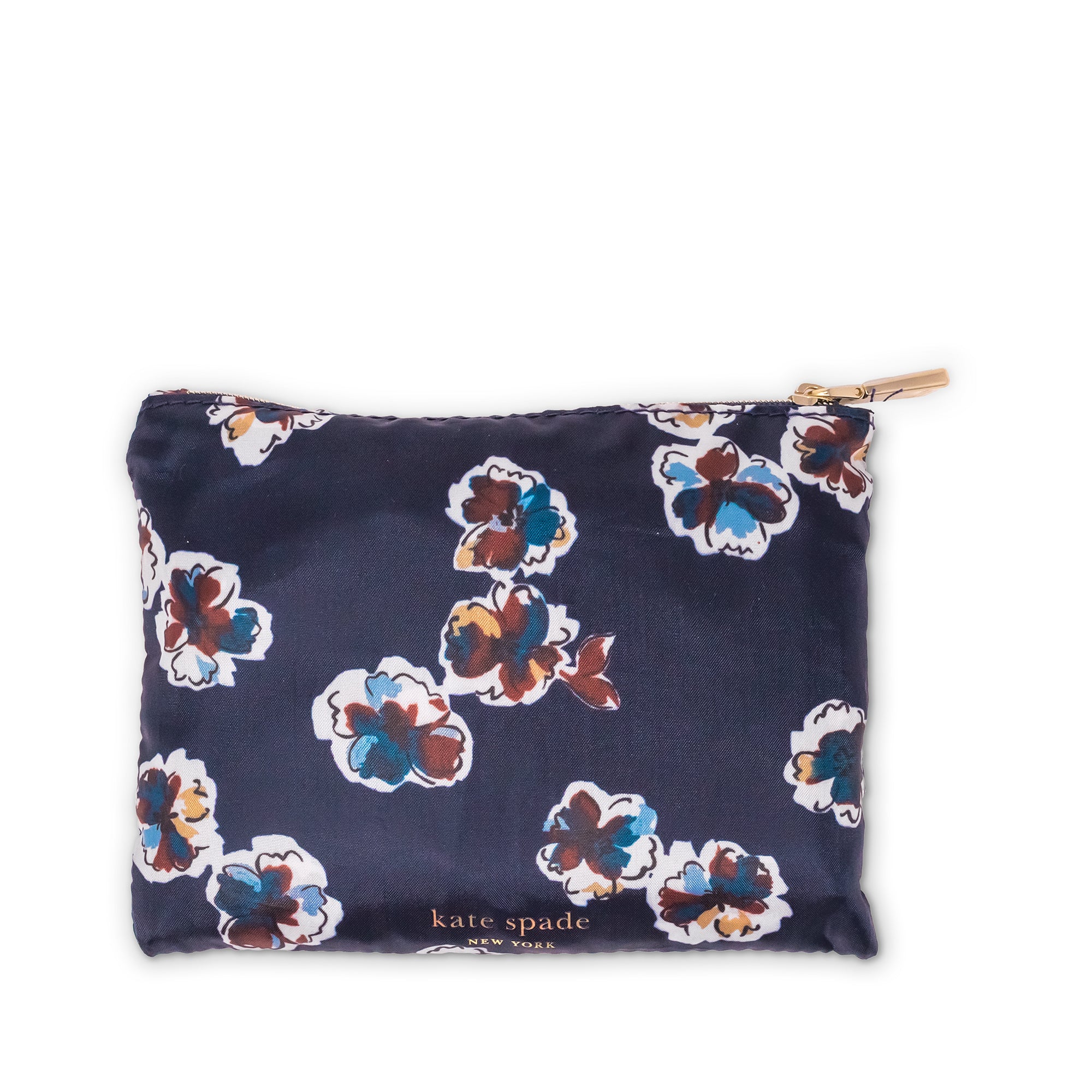 zipper pouch of navy blue shopping tote bag with dainty colorful watercolor floral print