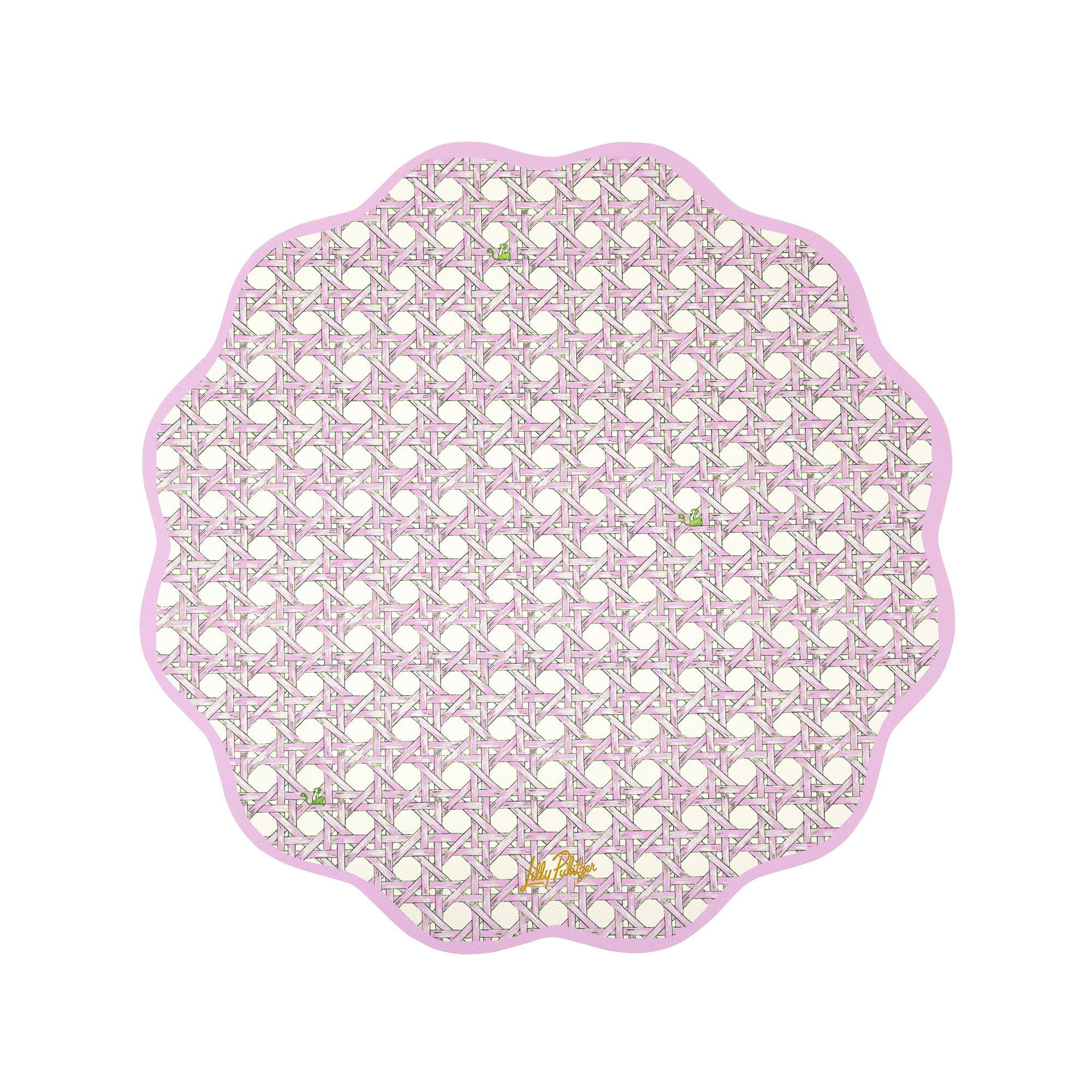 A round, scalloped-edge placemat with a white and light pink geometric lattice pattern and a light pink border, featuring a small gold 'J' logo at the bottom.