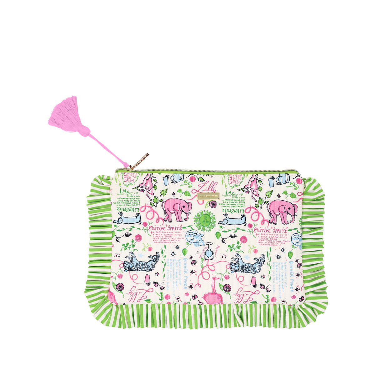 pouch with animal illustrations and a pink tassel on a white background