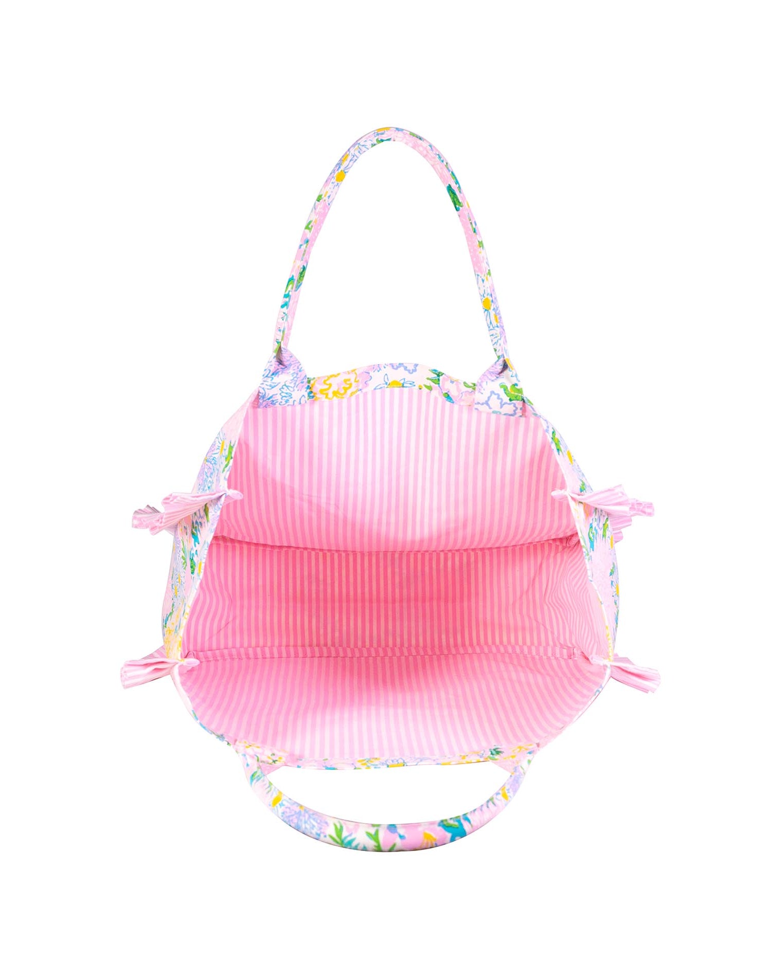 Pink ribbed swimsuit with floral trim on a white background