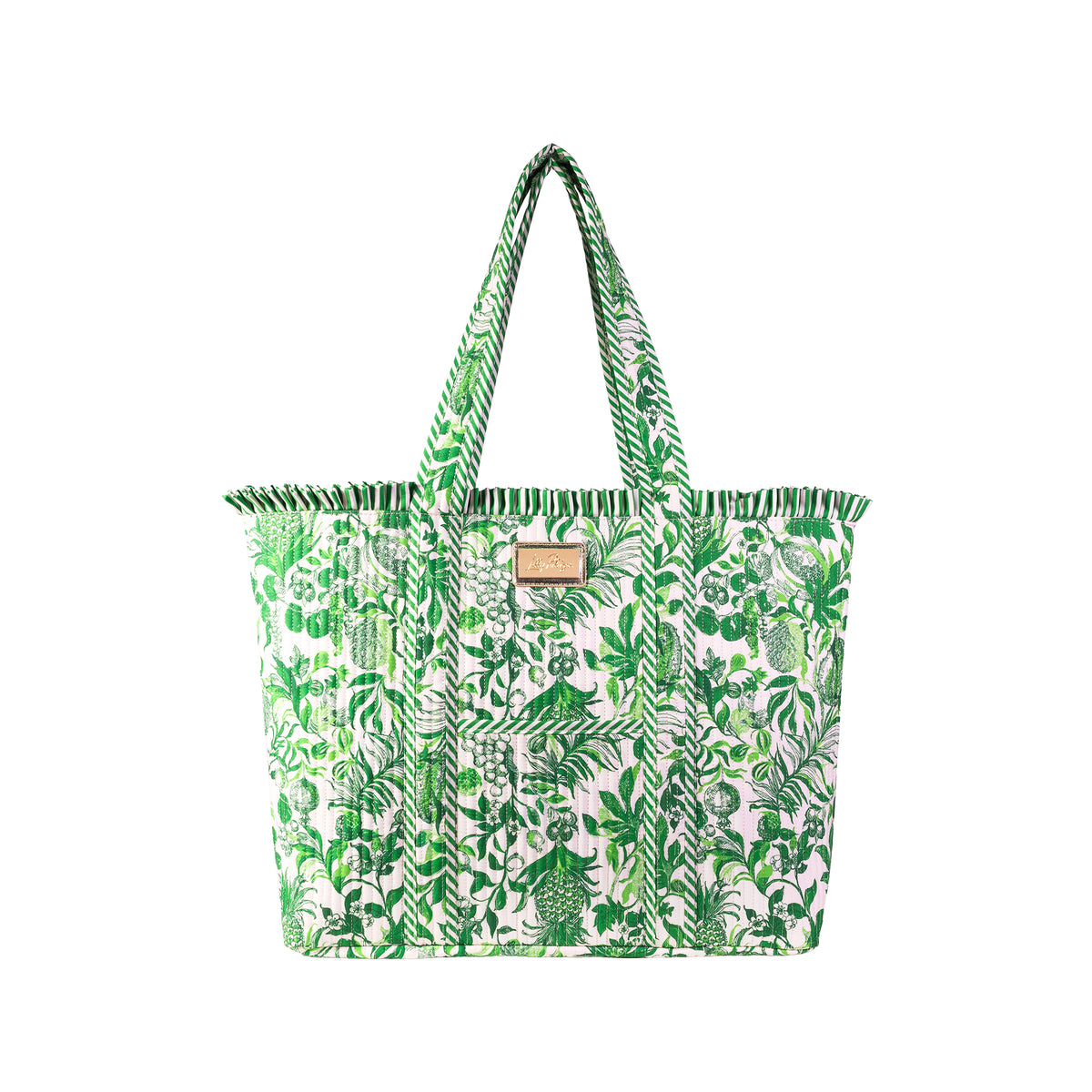 Green and white patterned tote bag on a white background