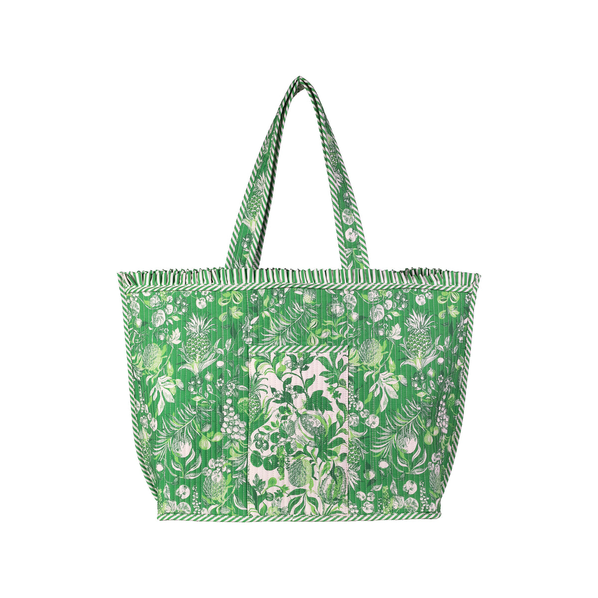 A green and white patterned tote bag with matching shoulder straps, featuring a tropical floral and leaf print, shown against a plain white background.