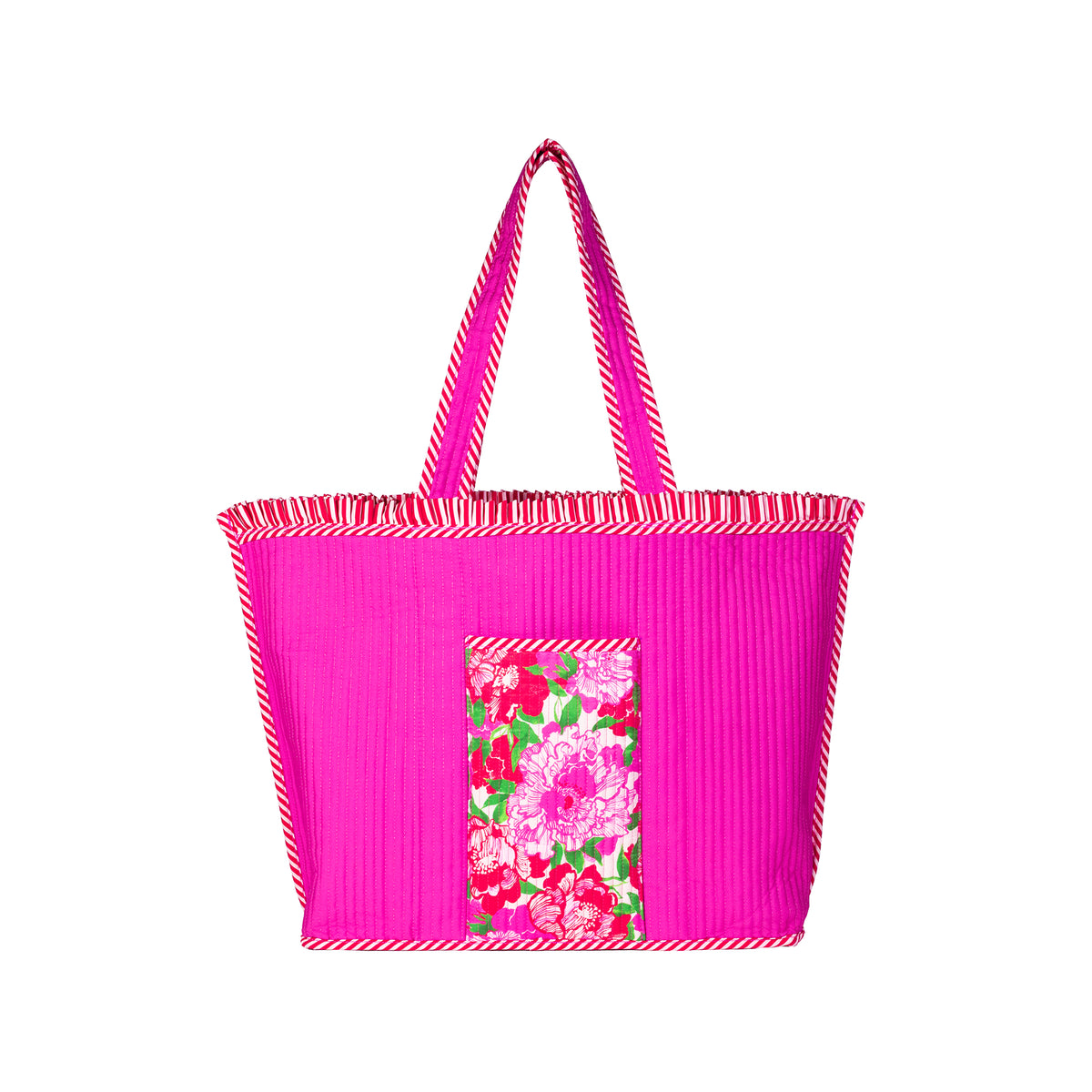 A bright pink tote bag with a vertically pleated texture, featuring a floral pocket on the front and striped trim along the handles and edges, set against a plain white background.