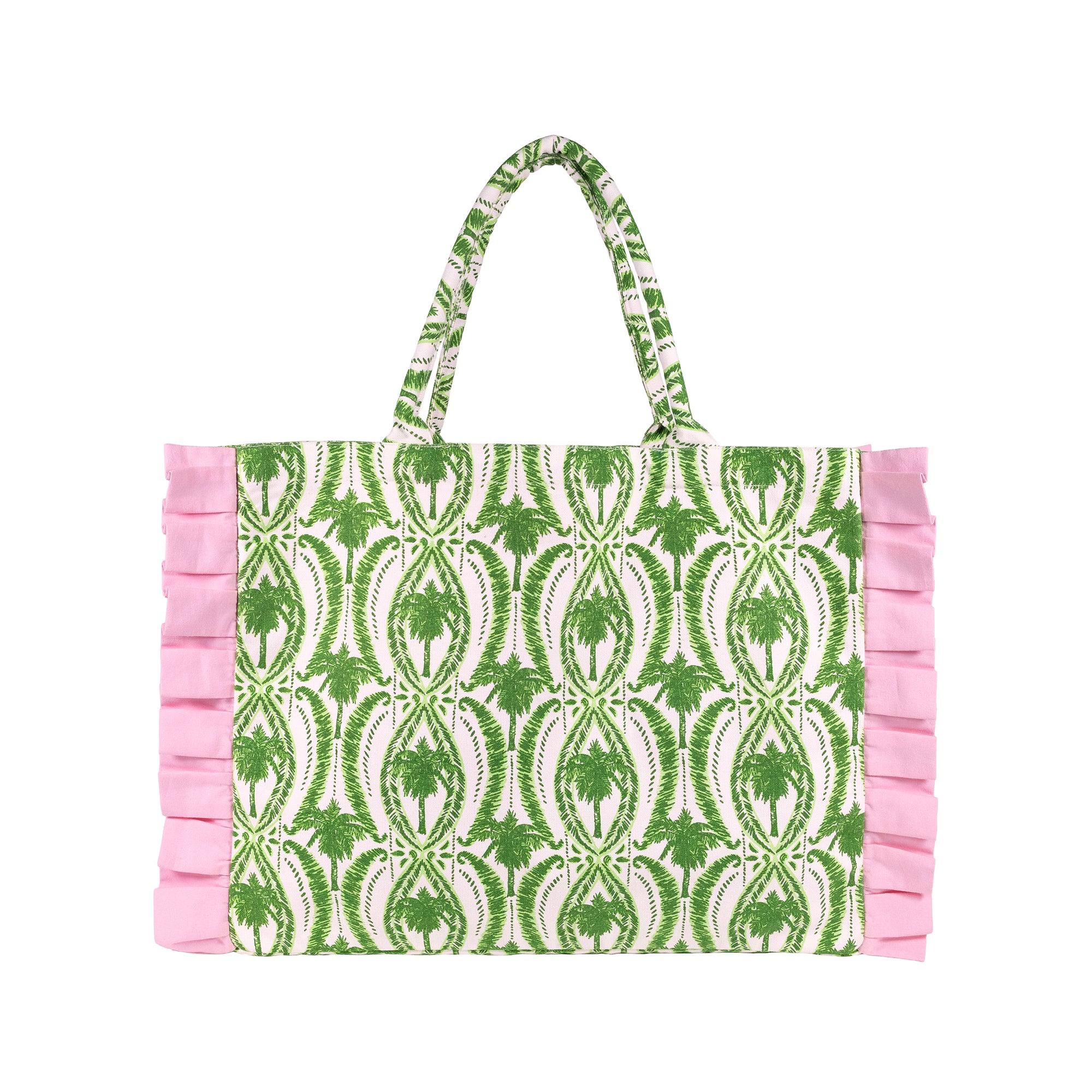 A tote bag featuring a green and white palm tree pattern, finished with light pink ruffle trim on the sides and matching ruffle handles, shown against a plain white background.