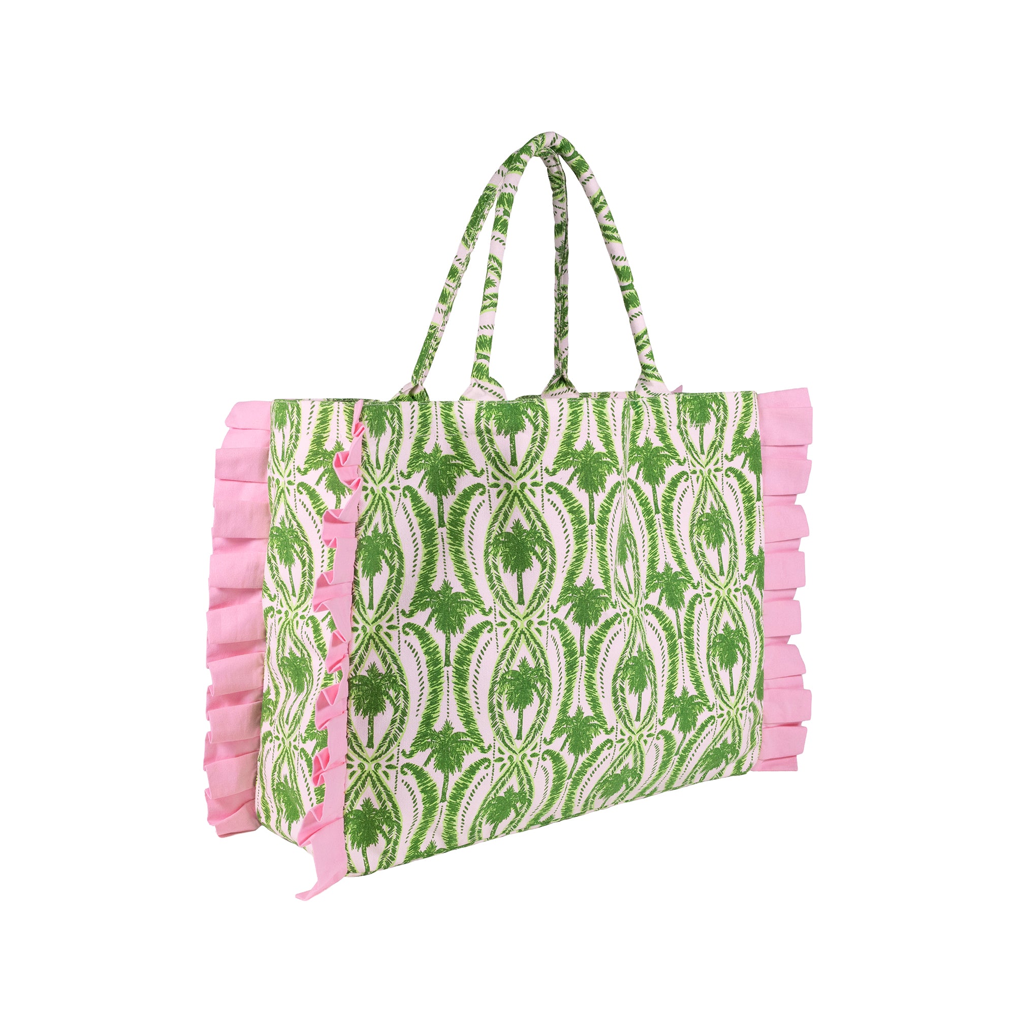 A tote bag with a green and white palm tree pattern, featuring pink ruffle trim along the sides and handles, shown on a plain white background.