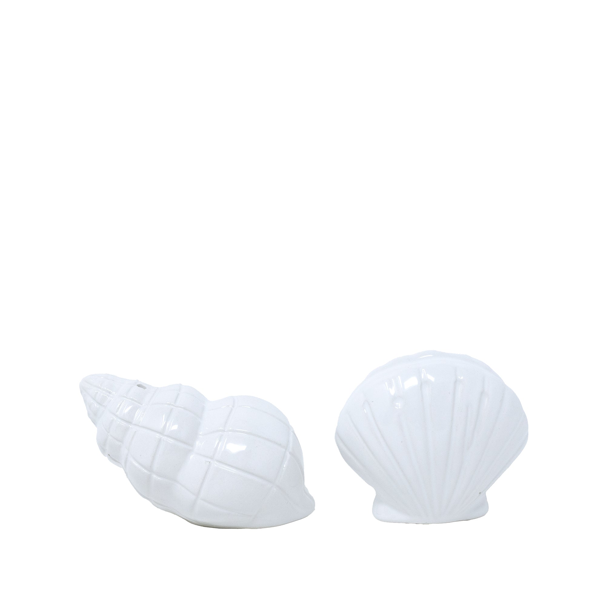 Two white ceramic shell-shaped objects on a white background
