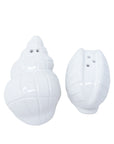 Two white shell-shaped salt and pepper shakers on a white background