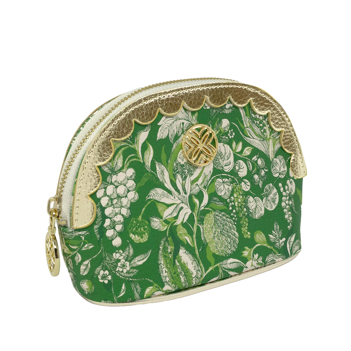 A green zippered cosmetic pouch featuring an intricate botanical and fruit pattern in white and light green, accented with gold-tone hardware, a scalloped trim, and a decorative gold clasp.