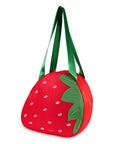 Strawberry-shaped cooler with green handle on a white background