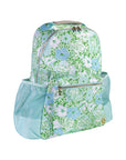 Floral patterned backpack with a mesh side pocket on a white background