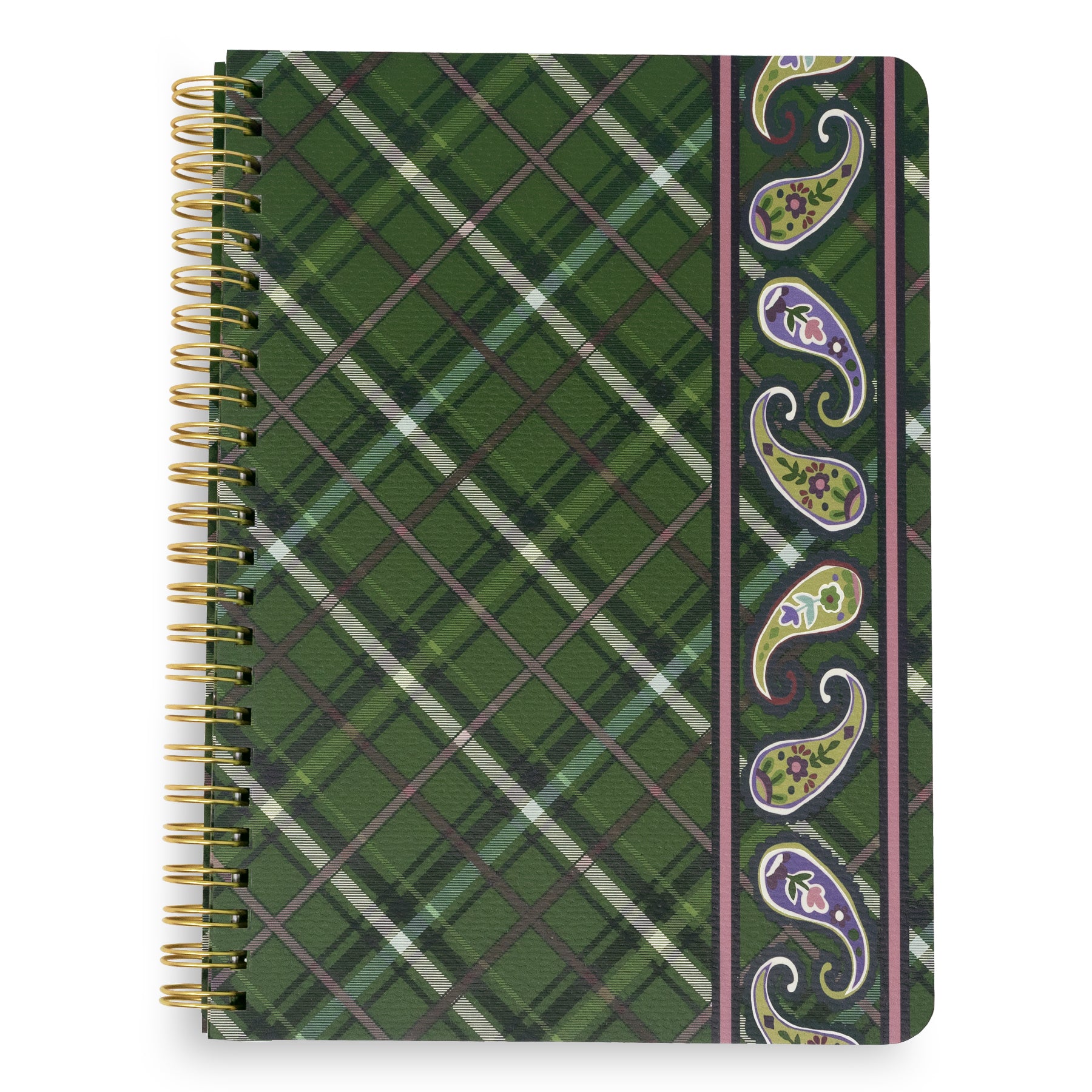 A spiral-bound notebook with a green plaid cover and a decorative vertical border featuring paisley motifs in purple, green, and gold, shown on a plain white background.