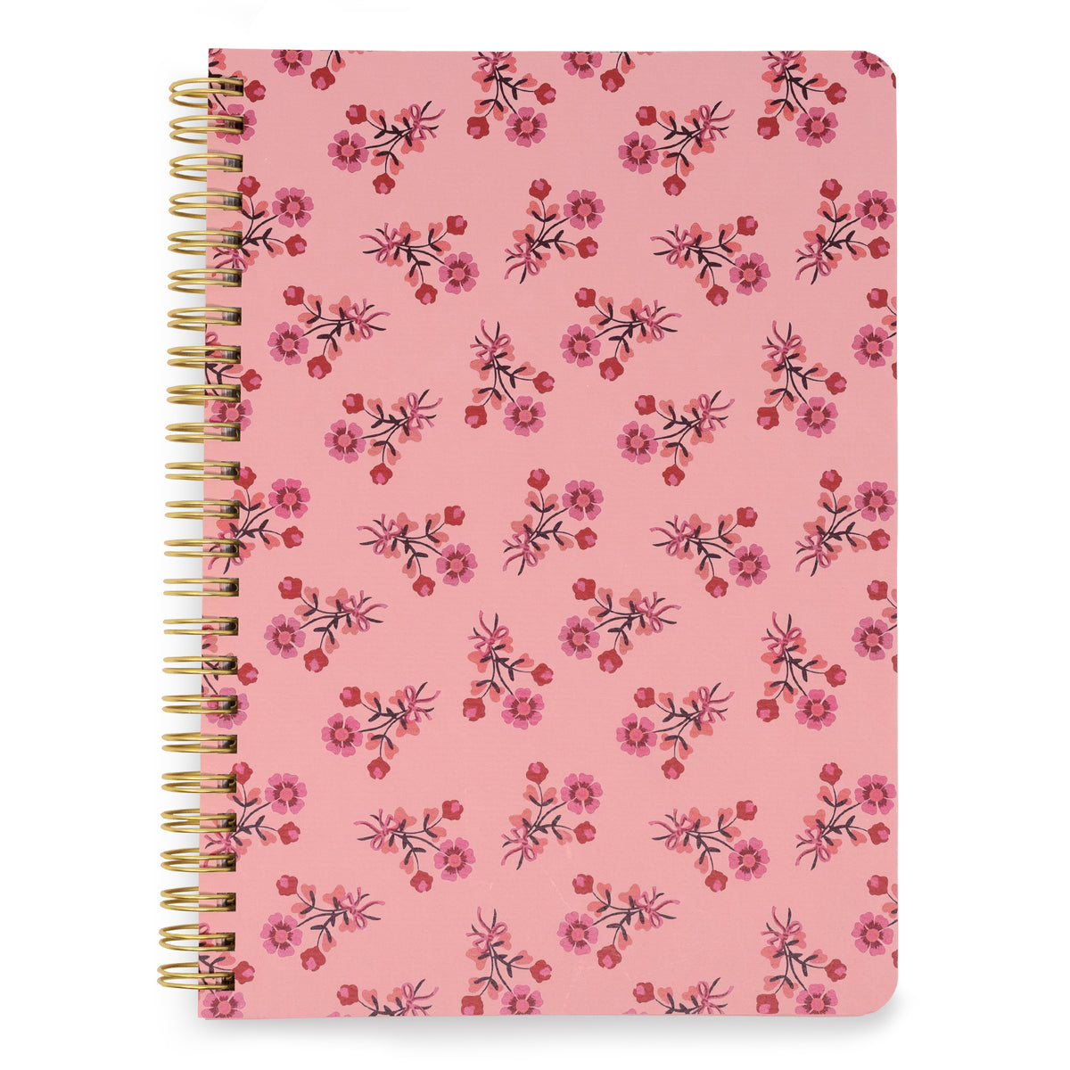 A pink spiral notebook with a repeating watercolor floral pattern in shades of red and purple, bound with gold wire on a white background.