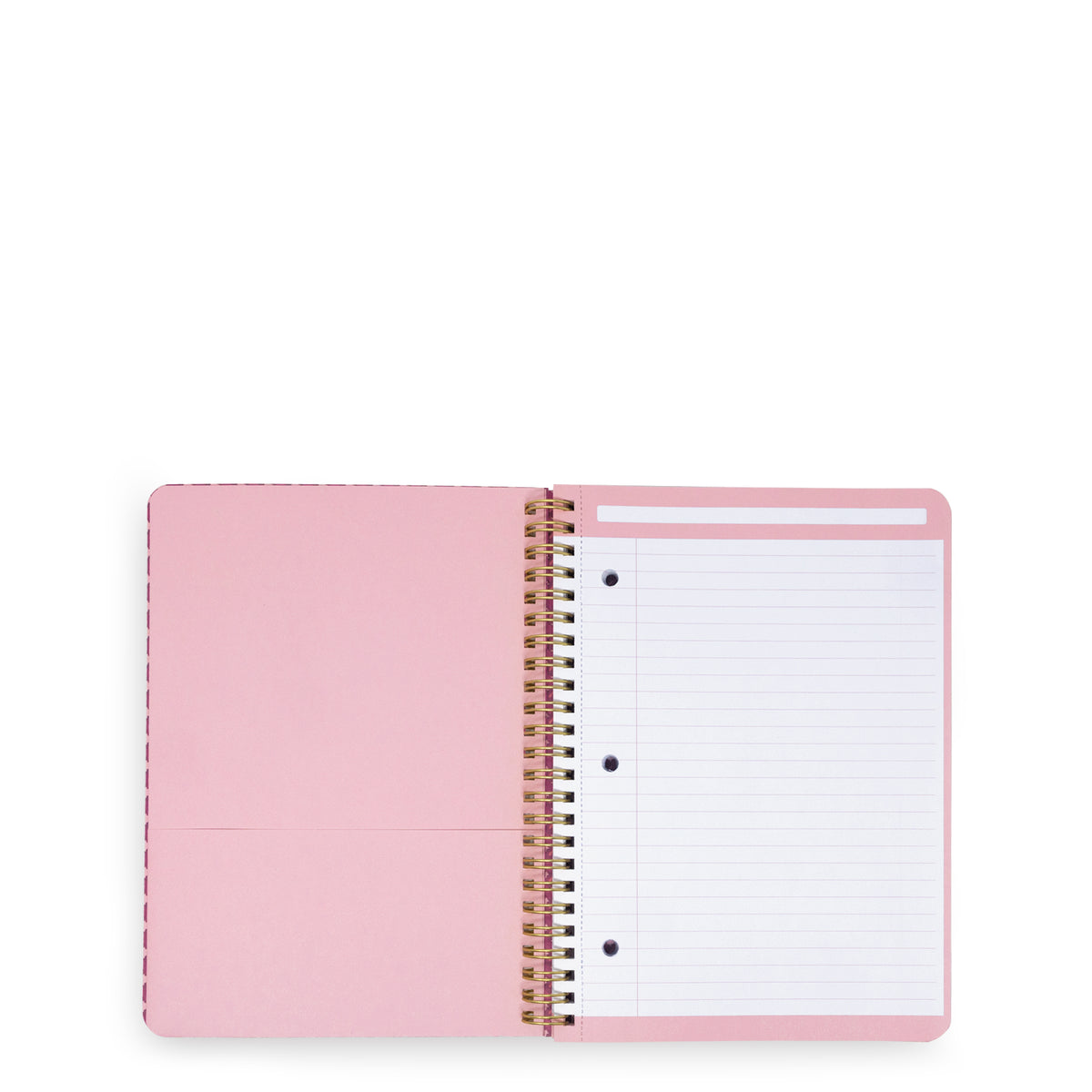 An open pink spiral-bound notebook with lined pages and a lined pocket page on the left, photographed on a clean white background.