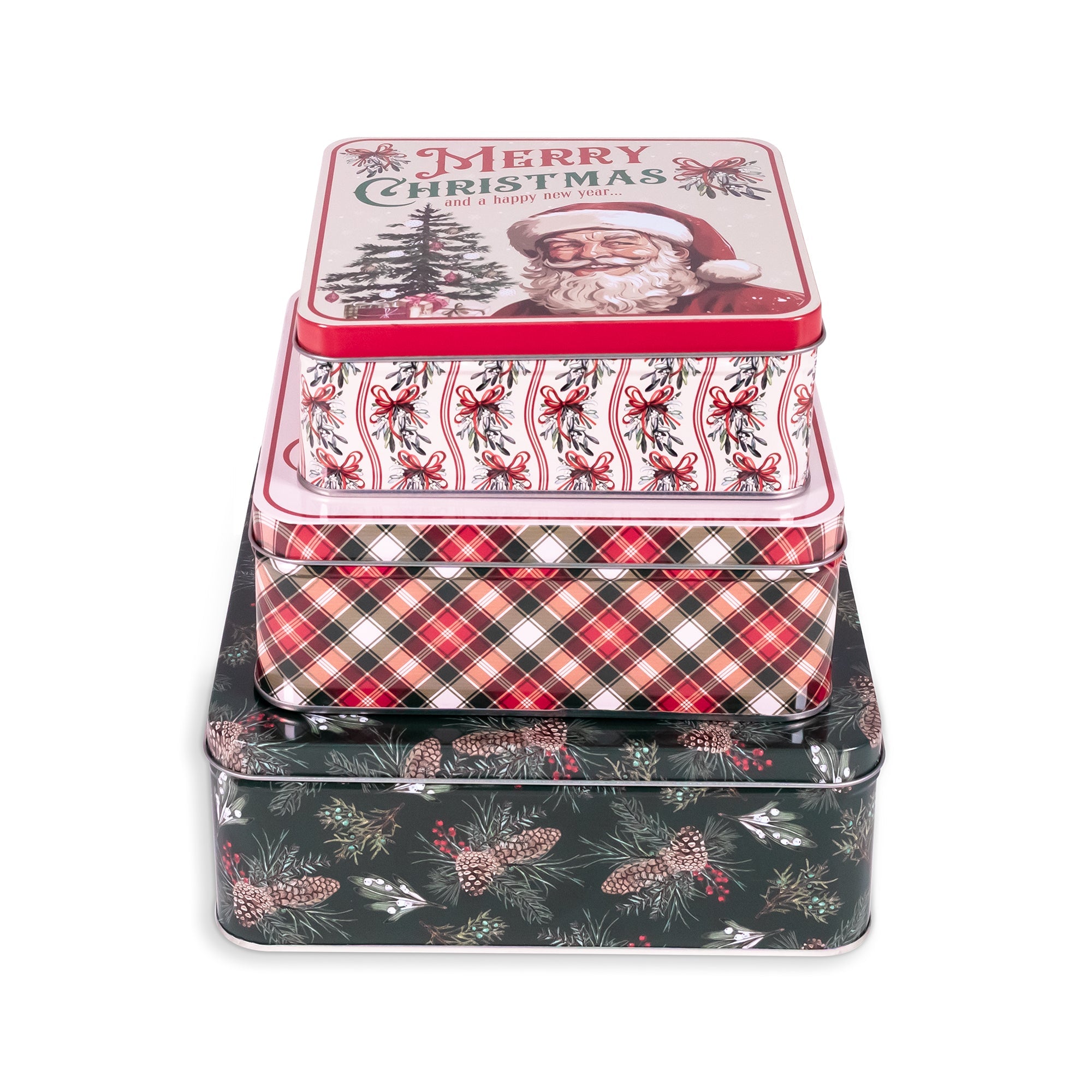 Three stacked square metal gift boxes with Christmas-themed designs, including a Santa Claus lid, a red-and-white patterned box, and a dark green box with a pinecone and berry print, on a white background.