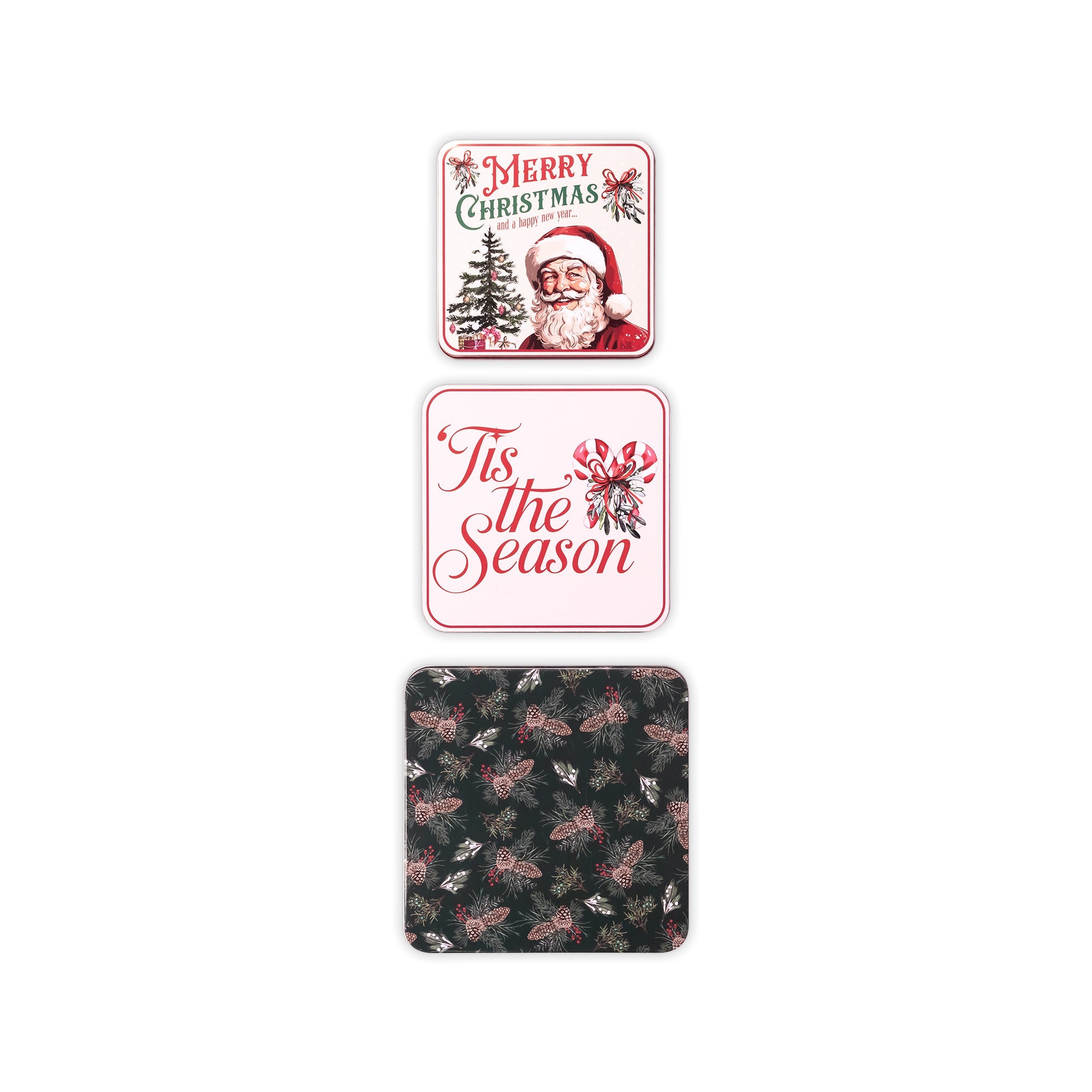 Three square decorative tins arranged vertically on a white background. The top coaster has a vintage Christmas design with Santa, pine trees, and the text 'Merry Christmas'.