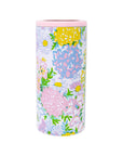 Floral-patterned cylindrical container with a pink lid on a white background