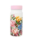 Floral-patterned water bottle with a pink lid on a white background
