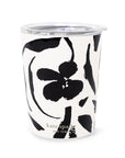 Black floral-patterned tumbler with clear lid on a white background
