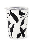 Tumbler with black abstract leaf pattern on a white background