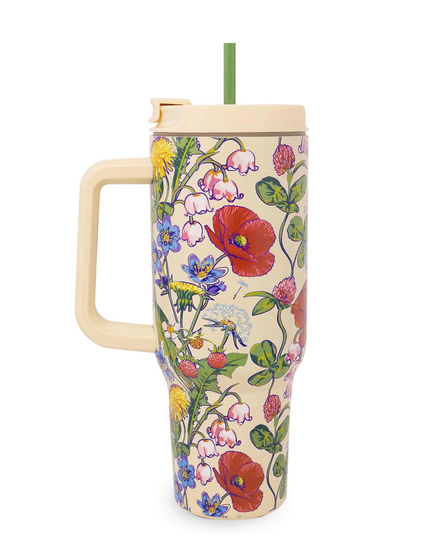 Colorful floral-patterned tumbler with a handle on a white background