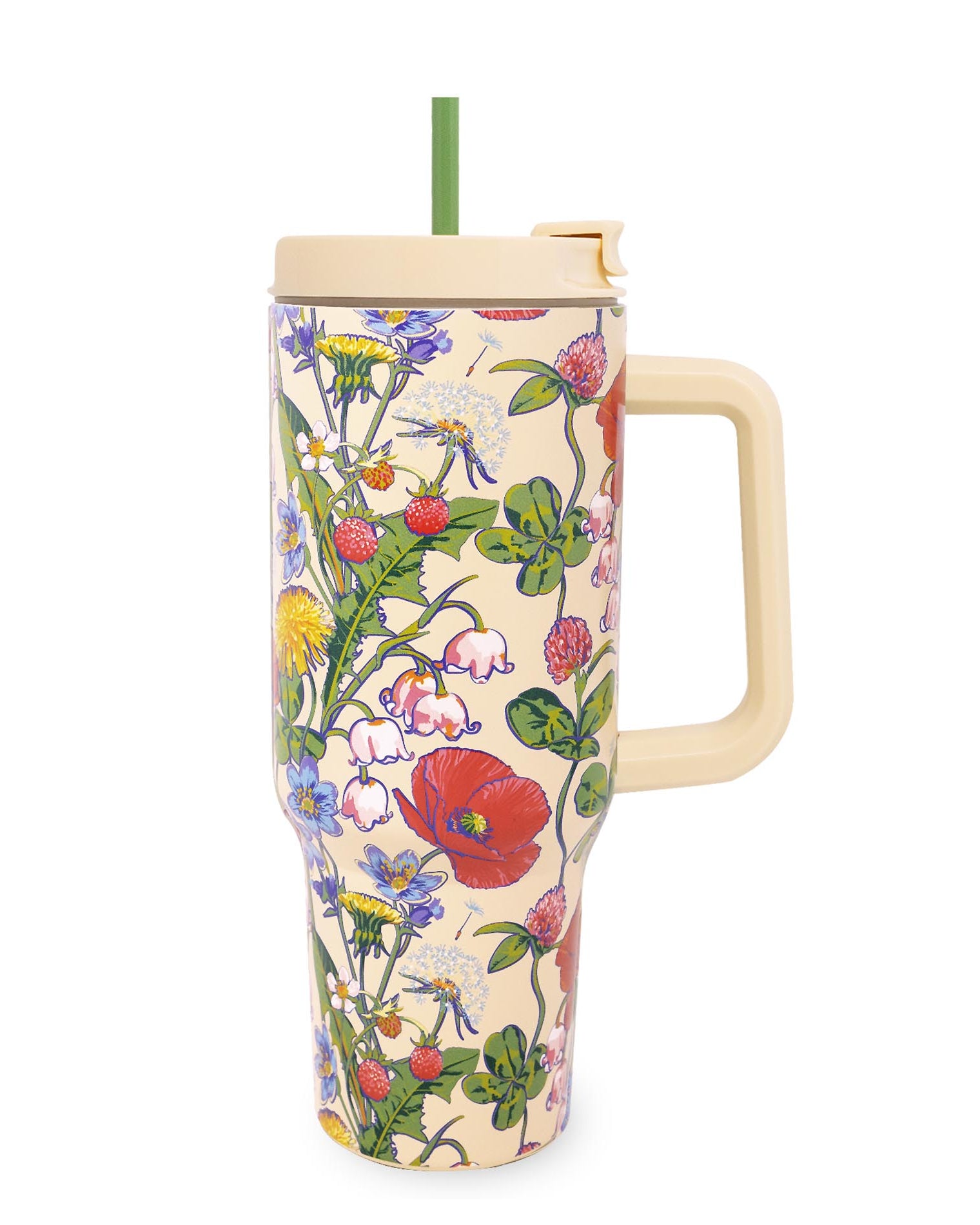 Floral-patterned tumbler with a handle on a white background