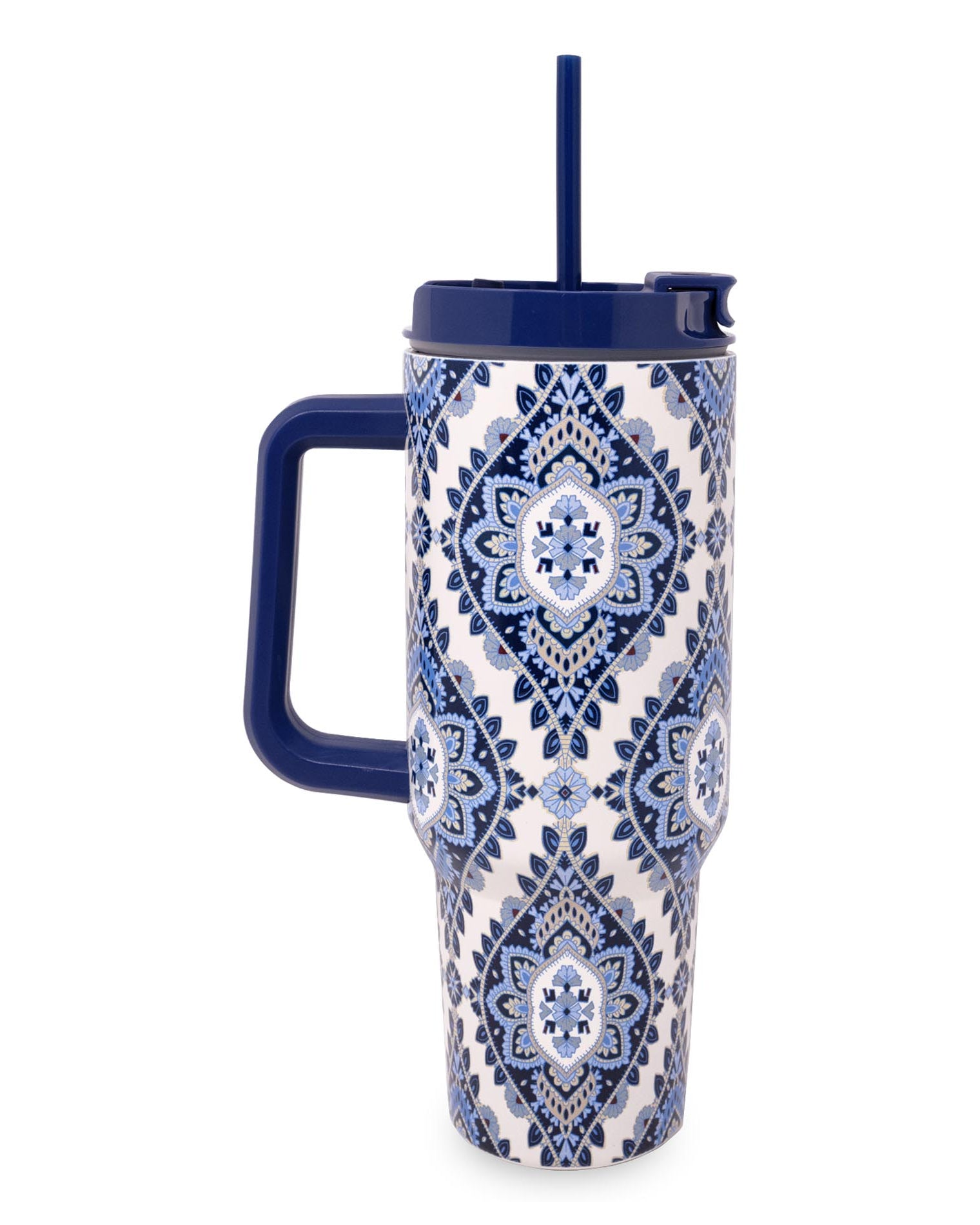 Tumbler with blue and white pattern on a white background