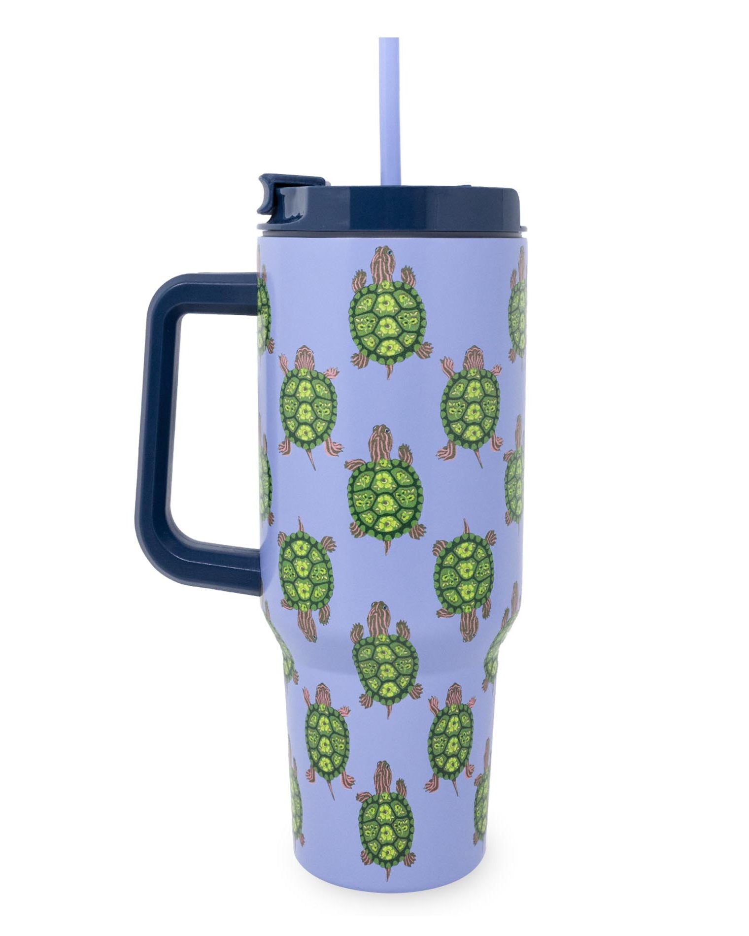 Travel mug with turtle pattern on a light purple background