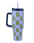 Travel mug with turtle pattern on a light purple background
